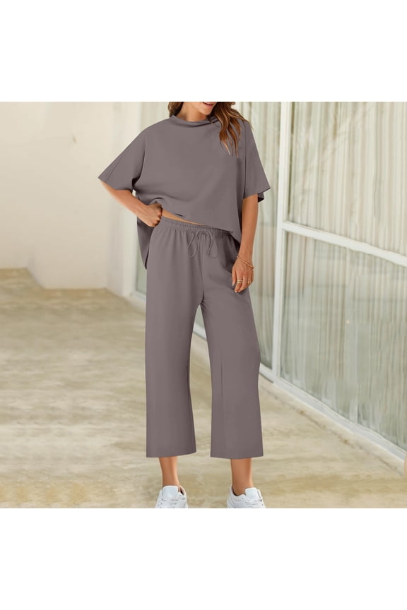 2 Pcs Suits for Womens Round Neck Tunics Blouses Half Sleeve Shirts Comfort Casual Sets Relaxed Fit Pants Drawstring Athletic Stretch Trousers Fall Winter Outfits Two Pieces Sets