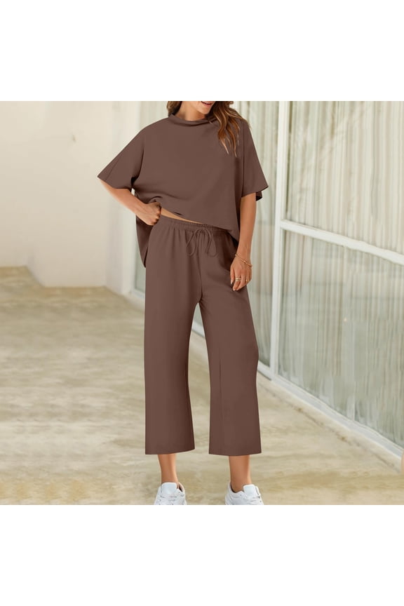 2 Pcs Suits for Womens Round Neck Tunics Blouses Half Sleeve Shirts Comfort Casual Sets Relaxed Fit Pants Drawstring Athletic Stretch Trousers Fall Winter Outfits Two Pieces Sets