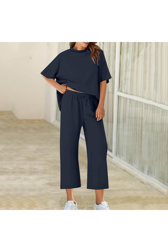2 Pcs Suits for Womens Round Neck Tunics Blouses Half Sleeve Shirts Comfort Casual Sets Relaxed Fit Pants Drawstring Athletic Stretch Trousers Fall Winter Outfits Two Pieces Sets