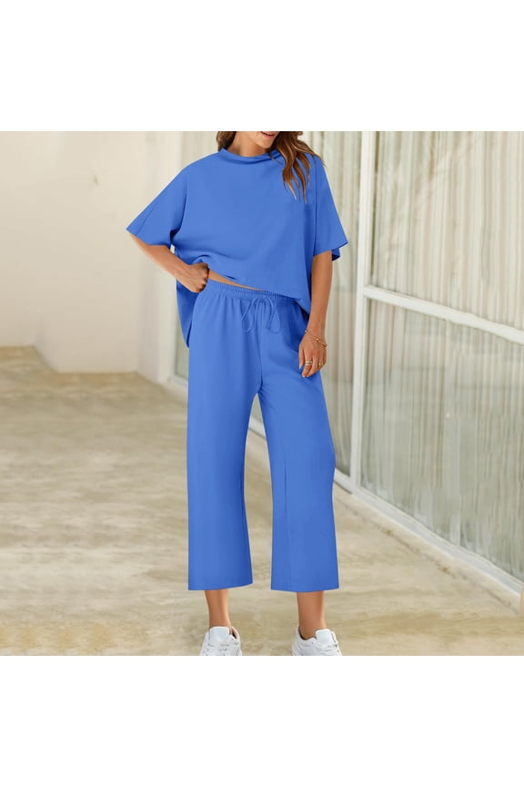 2 Pcs Suits for Womens Round Neck Tunics Blouses Half Sleeve Shirts Comfort Casual Sets Relaxed Fit Pants Drawstring Athletic Stretch Trousers Fall Winter Outfits Two Pieces Sets