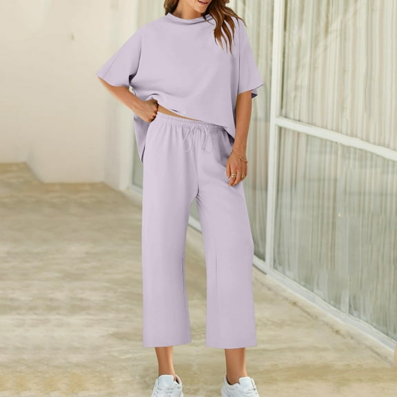 2 Pcs Suits for Womens Round Neck Tunics Blouses Half Sleeve Shirts Comfort Casual Sets Relaxed Fit Pants Drawstring Athletic Stretch Trousers Fall Winter Outfits Two Pieces Sets