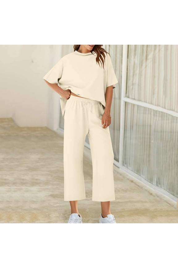 2 Pcs Suits for Womens Round Neck Tunics Blouses Half Sleeve Shirts Comfort Casual Sets Relaxed Fit Pants Drawstring Athletic Stretch Trousers Fall Winter Outfits Two Pieces Sets