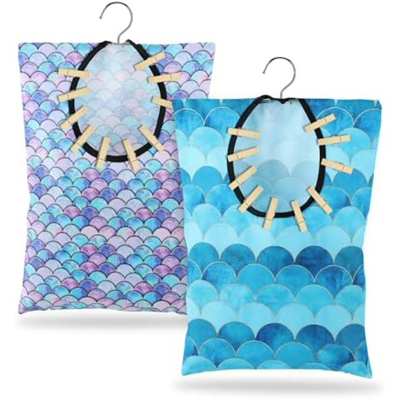 2 Pcs Summer Clothes Pin Bag - Mermaids Clothespin Holder 15 X 11 Inch Hanging Bag for Clothesline & Laundry Room