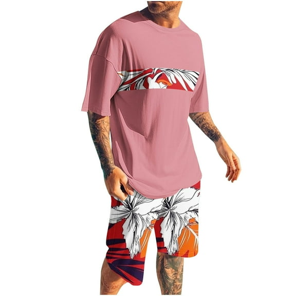 2 Pcs Summer Mens Shorts Tops Outfits Trends Floral Printed T-Shirts Short Sleeve Crewneck Tees Knee Length Beach Shorts Flower Print Sweatpants Lounge Breathable Clothes Trends 2025 Outfit