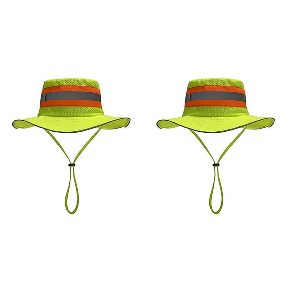 2 Pcs Summer Mesh Fishing Cap 23.62 Inch for Outdoor Safety, High Visibility Reflective Neon Bucket Hat, Wide Brim Sun Boonie Hat for Men and Women, Headwear, Light Green