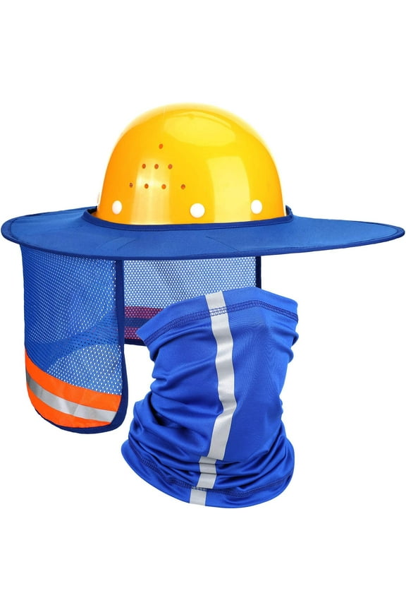 2 Pcs Sun Hard Hat Neck Protection High Visibility Full Brim Mesh Sun Protection and Neck Gaiter Bandana Face Scarf for Hard Hat Accessories, Reflective (Blue)