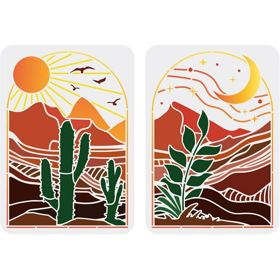 2 Pcs Sun and Moon Painting Stencils 11.7x8.3 inch Boho Sunrise Themes Plastic Templates Cactus Leaves Stars Pattern Stencils Reusable Desert Landscape Stencils for Painting Home Decor