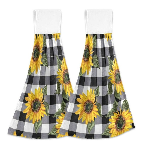 2 Pcs Sunflower with Black White Plaid Kitchen Hand Towels with Hanging Loops Absorbent Soft Fast Drying Decor Bath Towels