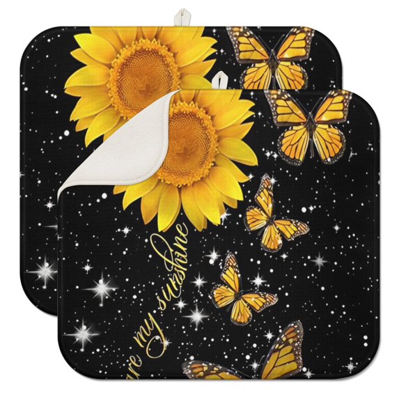 2 Pcs Sunflowers Dish Drying Mat - 16 X 18 Inch Floral Absorbent Microfiber Kitchen Counter Mat – Quick-Dry Dish Rack Alternative, Dish Drying Pad for Dishes, Cups, Utensils, Pots & Pans