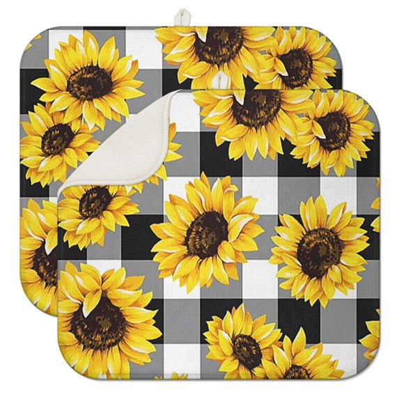 2 Pcs Sunflowers Dish Drying Mat - 16 X 18 Inch Floral Absorbent Microfiber Kitchen Counter Mat – Quick-Dry Dish Rack Alternative, Dish Drying Pad for Dishes, Cups, Utensils, Pots & Pans