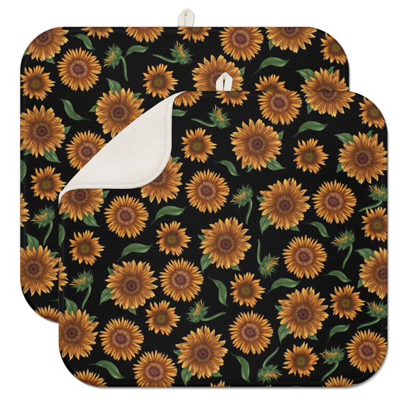 2 Pcs Sunflowers Dish Drying Mat - 16 X 18 Inch Floral Absorbent Microfiber Kitchen Counter Mat – Quick-Dry Dish Rack Alternative, Dish Drying Pad for Dishes, Cups, Utensils, Pots & Pans