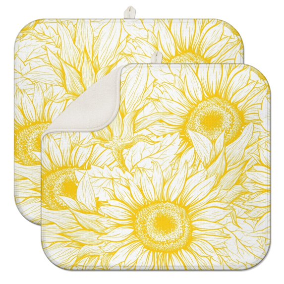 2 Pcs Sunflowers Dish Drying Mat - 16 X 18 Inch Floral Absorbent Microfiber Kitchen Counter Mat – Quick-Dry Dish Rack Alternative, Dish Drying Pad for Dishes, Cups, Utensils, Pots & Pans