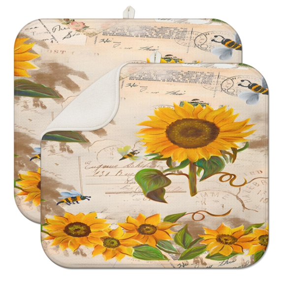 2 Pcs Sunflowers Dish Drying Mat - 16 X 18 Inch Floral Absorbent Microfiber Kitchen Counter Mat – Quick-Dry Dish Rack Alternative, Dish Drying Pad for Dishes, Cups, Utensils, Pots & Pans