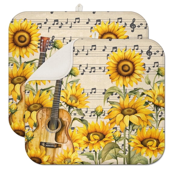 2 Pcs Sunflowers Dish Drying Mat - 16 X 18 Inch Floral Absorbent Microfiber Kitchen Counter Mat – Quick-Dry Dish Rack Alternative, Dish Drying Pad for Dishes, Cups, Utensils, Pots & Pans