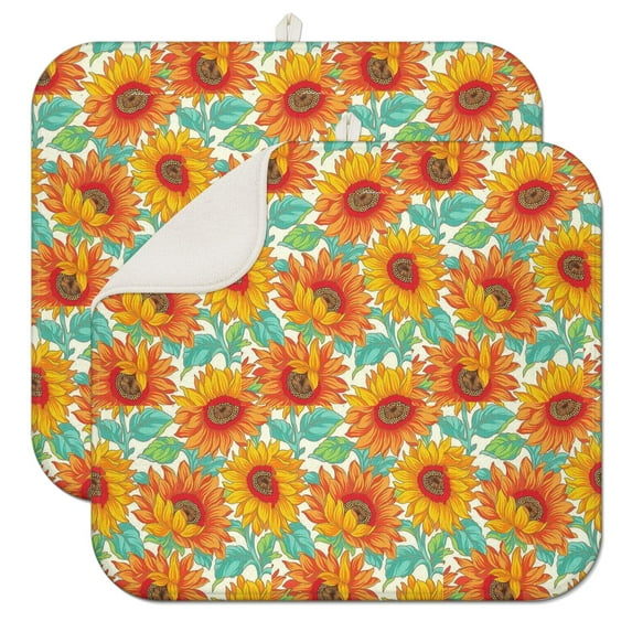 2 Pcs Sunflowers Dish Drying Mat - 16 X 18 Inch Floral Absorbent Microfiber Kitchen Counter Mat – Quick-Dry Dish Rack Alternative, Dish Drying Pad for Dishes, Cups, Utensils, Pots & Pans