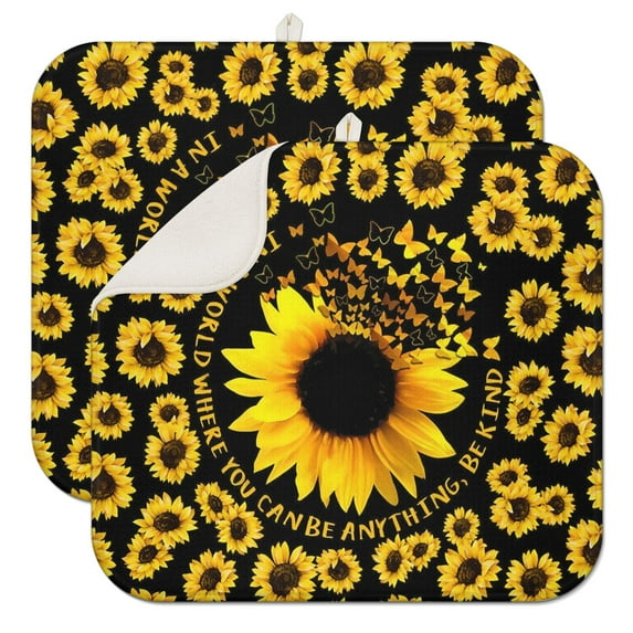 2 Pcs Sunflowers Dish Drying Mat - 16 X 18 Inch Floral Absorbent Microfiber Kitchen Counter Mat – Quick-Dry Dish Rack Alternative, Dish Drying Pad for Dishes, Cups, Utensils, Pots & Pans