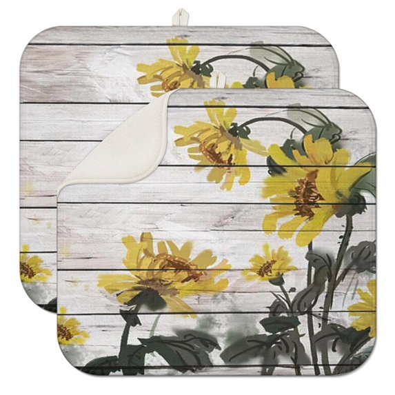 2 Pcs Sunflowers Dish Drying Mat - 16 X 18 Inch Floral Absorbent Microfiber Kitchen Counter Mat – Quick-Dry Dish Rack Alternative, Dish Drying Pad for Dishes, Cups, Utensils, Pots & Pans