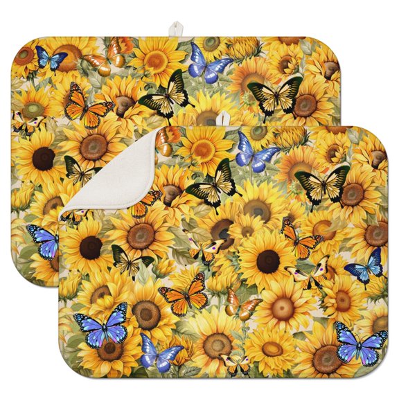 2 Pcs Sunflowers Dish Drying Mat - 18 X 24 Inch Floral Absorbent Microfiber Kitchen Counter Mat – Quick-Dry Dish Rack Alternative, Dish Drying Pad for Dishes, Cups, Utensils, Pots & Pans
