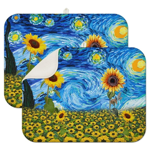 2 Pcs Sunflowers Dish Drying Mat - 18 X 24 Inch Floral Absorbent Microfiber Kitchen Counter Mat – Quick-Dry Dish Rack Alternative, Dish Drying Pad for Dishes, Cups, Utensils, Pots & Pans