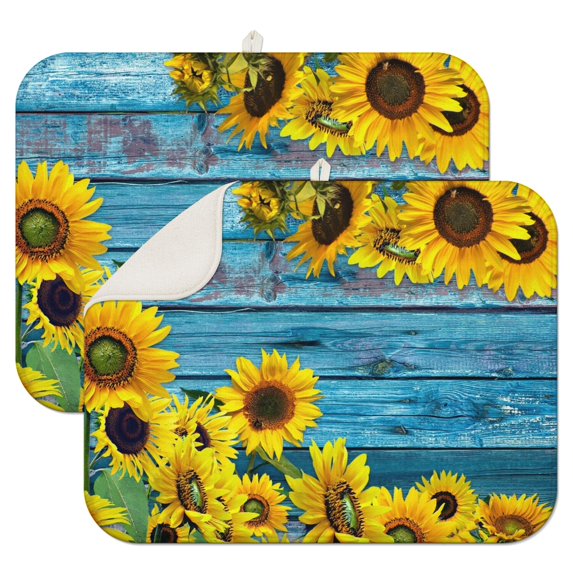 2 Pcs Sunflowers Dish Drying Mat - 18 X 24 Inch Floral Absorbent Microfiber Kitchen Counter Mat – Quick-Dry Dish Rack Alternative, Dish Drying Pad for Dishes, Cups, Utensils, Pots & Pans