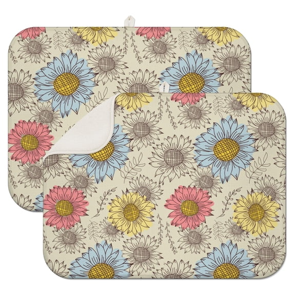 2 Pcs Sunflowers Dish Drying Mat - 18 X 24 Inch Floral Absorbent Microfiber Kitchen Counter Mat – Quick-Dry Dish Rack Alternative, Dish Drying Pad for Dishes, Cups, Utensils, Pots & Pans