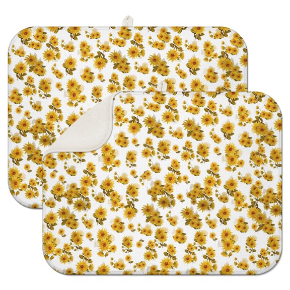 2 Pcs Sunflowers Dish Drying Mat - 18 X 24 Inch Floral Absorbent Microfiber Kitchen Counter Mat – Quick-Dry Dish Rack Alternative, Dish Drying Pad for Dishes, Cups, Utensils, Pots & Pans