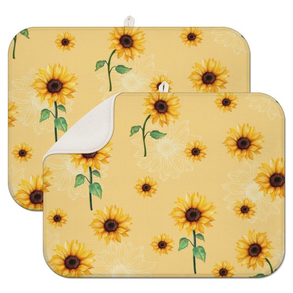 2 Pcs Sunflowers Dish Drying Mat - 18 X 24 Inch Floral Absorbent Microfiber Kitchen Counter Mat – Quick-Dry Dish Rack Alternative, Dish Drying Pad for Dishes, Cups, Utensils, Pots & Pans