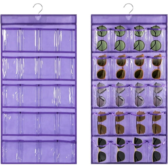 2 Pcs Sunglasses Organizer Storage Sunglass Holder for Wall Hanging Eyeglass Organizer for Multiple Glasses with 40 Clear Slots (PURPLE)