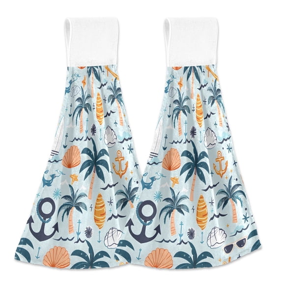 2 Pcs Surfboards Palm Trees Anchors Kitchen Hand Towels with Hanging Loops Absorbent Soft Fast Drying Decor Bath Towels