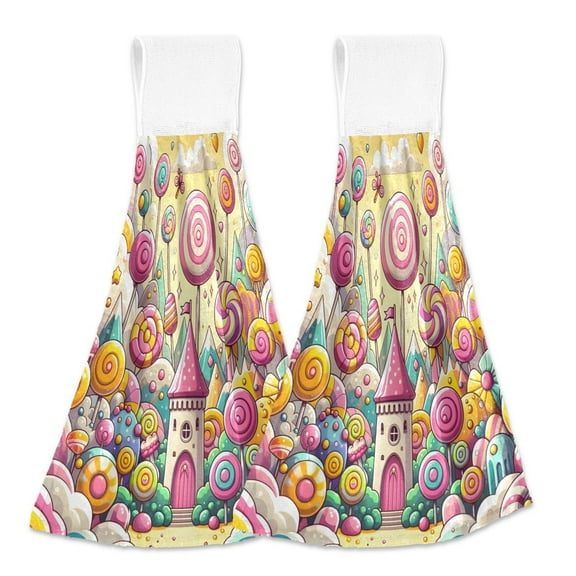 2 Pcs Sweet Candy Lollipops Kitchen Hand Towels with Hanging Loops Absorbent Soft Fast Drying Decor Bath Towels