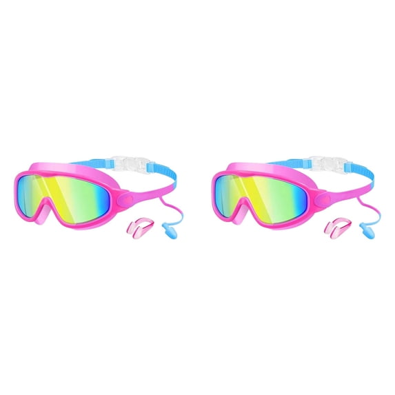 2 Pcs Swim Goggles for Adults 6.3 Inch, Wide View Anti Fog No Leaking Swimming Glasses with Earplugs and Nose Clip, UV Protection Training Goggles for Pool Beach, Swimming, Light Pink