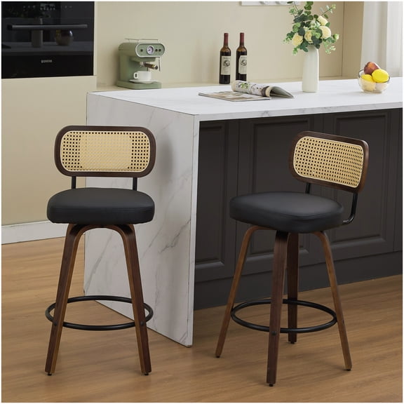 2 Pcs Swivel Counter Stools with Cane Back and PU Leather Seat for Kitchen Island