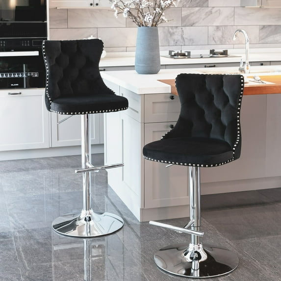 2 Pcs Swivel Velvet Barstools Adjusatble Seat Height From 22-25 In 360 ° Rotation Rivet Decoration Velvet Barstools For Kitchen