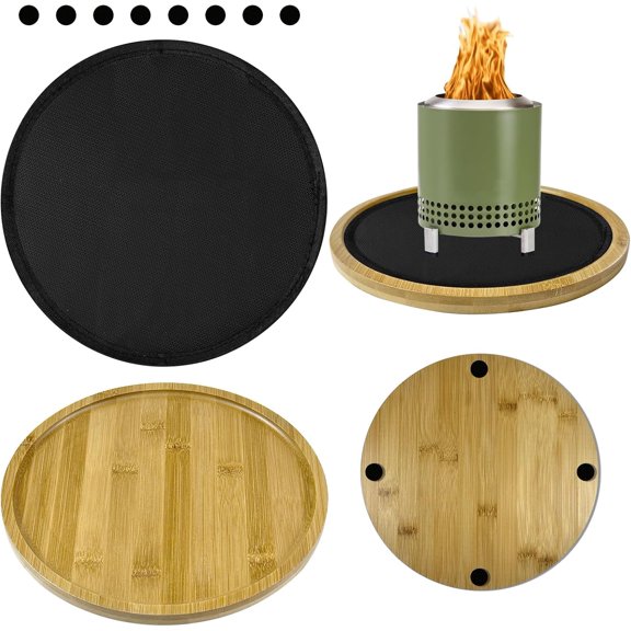 2 Pcs Tabletop Fire Pit Mat Set 10" Heat Resistant Mats Round Wooden Bamboo Tray with Fireproof Pad for Indoor Outdoor Winter Stoves to Protect Countertop and Table (12inch)