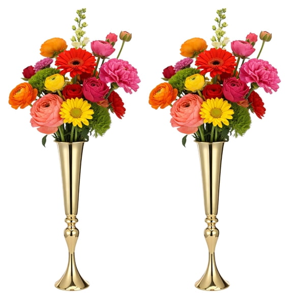 2 Pcs Tall Gold Vases, Wedding Table Centerpiece Flower Vases, Tall Metal Trumpet Floral Arrangement Stands, Floral Stands for Reception, Bridal Shower, Party