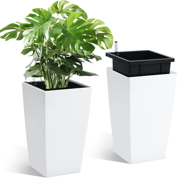 2 Pcs Tall Planters 16",Large Planters For Indoor Outdoor Plants With Drainage Holes&Water Level Monitor&Inner Bucket,High Front Porch Planter Pots With Automatic Watering White/Black
