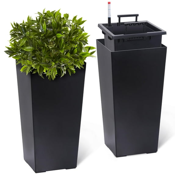 2 Pcs Tall Planters 23",Large Planters for Indoor Outdoor Plants with Drainage Holes&Water Level Monitor&Inner Bucket,High Front Porch Planter Pots with Automatic Watering