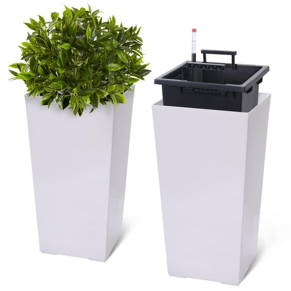 2 Pcs Tall Planters 23",Large Planters for Indoor Outdoor Plants with Drainage Holes&Water Level Monitor&Inner Bucket,High Front Porch Planter Pots with Automatic Watering