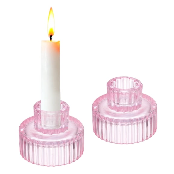 2 Pcs Taper Glass Candle Holder, 2.2 Inch Vintage Ribbed Taper Candle Holders for Wedding, Pink