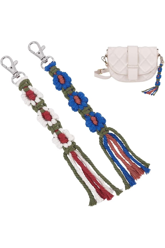 2 Pcs Tassel Keychain Mixed Color Cotton Macrame Boho Keychain Flower Handmade Woven Keychain Handcrafted Accessory for Women and Girls Portable Keys Ring