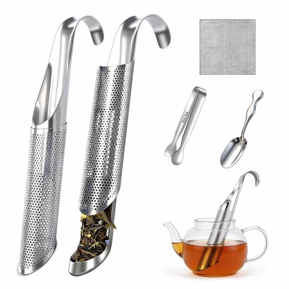 Tea Infuser for Loose Tea, Stainless Steel Tea Diffuser with Hook Handle, Fine Mesh Tea Strainer with Spoon Ice Tongs Steel Cloth, Reusable Tea Steeper
