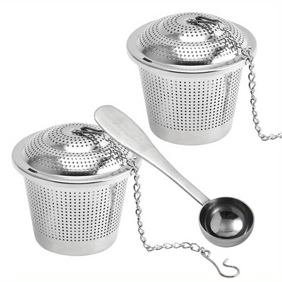 2 Pcs Tea Leak Filter Stainless Steel Tea Filter 2 Tea Leak 1 Spoon for Loose Tea Universal Fine Mesh Tea Ball Soaker Tea Filter with Chain Hook for Tea Spice Condiments Kitchen Gadget