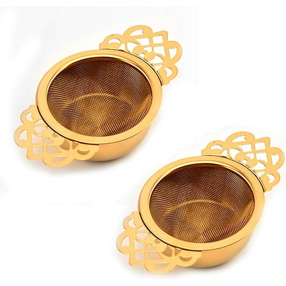 2 Pcs Tea Strainers with Drip Bowls, Mesh Tea Infuser Stainless Steel Loose Leaf Tea Filter with Handles for Better Tea Experience (Gold)