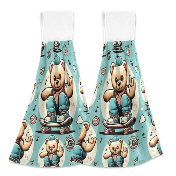 2 Pcs Teddy Bear Skating Kitchen Hand Towels with Hanging Loops Absorbent Soft Fast Drying Decor Bath Towels