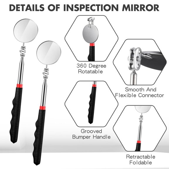 2 Pcs Telescoping Inspection Mirrors, Mechanics Mirror Tool with Long Handle, Round Extendable Mirror on a Stick for Technicians Mechanics Contractors Checking Obser