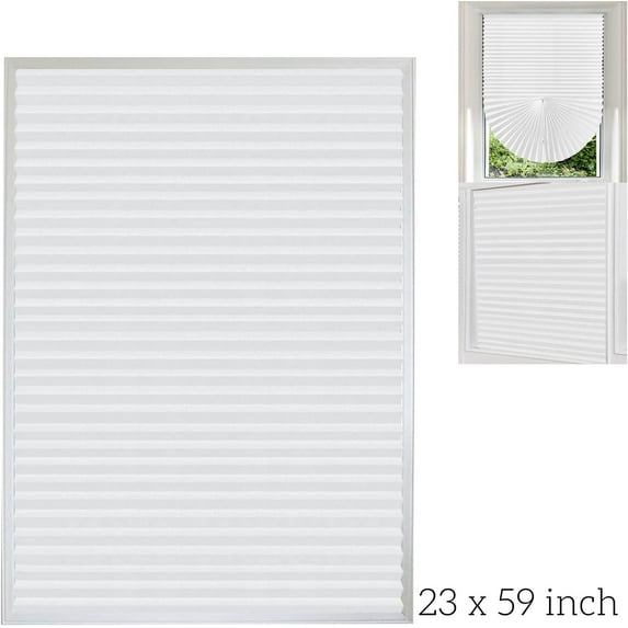 2 Pcs Temporary Blinds No Tools Cutable Fabric Paper Shades Adhesive Privacy Blinds for French Door Sliding Door Window Light Filtering Pleated Shades (23 x 59 inch, White)