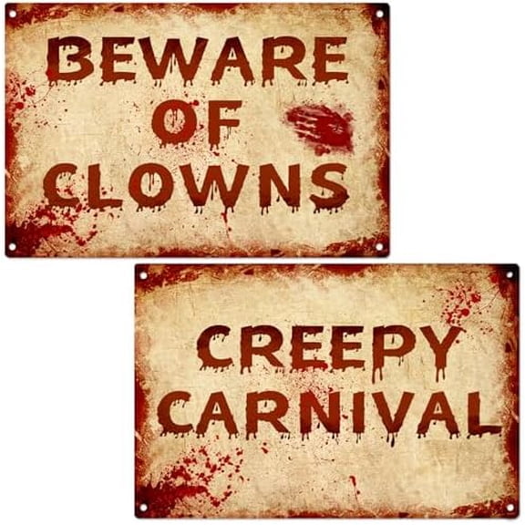 2 Pcs Terrifying Halloween Clown Metal Signs, CREEPY CARNIVAL & BEWARE OF CLOWNS Bloody Vintage Warning Signs, Spooky Scary Evil Circus Wall Decor, Indoor Outdoor Carnival Party Yard Event Decoration
