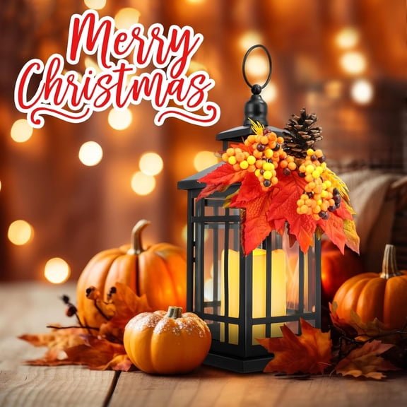 2 Pcs Thanksgiving Decorations for Home Rustic Metal Fall Lantern 14 Inch Flameless Decorative Candle Holder Table Centerpieces with LED Lights for Harvest Hanging Porch(Rustic)