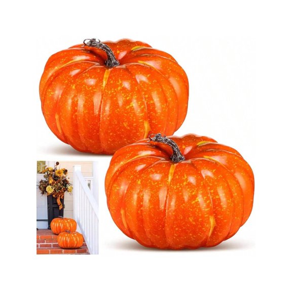 2 Pcs Thanksgiving Fall Large Yellow Foam Pumpkins 9.84 Inch Jumbo Foam Pumpkin Decorations Artificial Vegetable Halloween Fake Artificial Decor For Autumn Harvest Home Kitchen Table