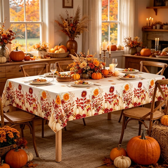 2 Pcs Thanksgiving Floral Tablecloth, Fall Rectangle Disposable Plastic Table Cover for Long Table Party Home Halloween Decoration, Waterproof Autumn Table Decor, 54x108 Inches